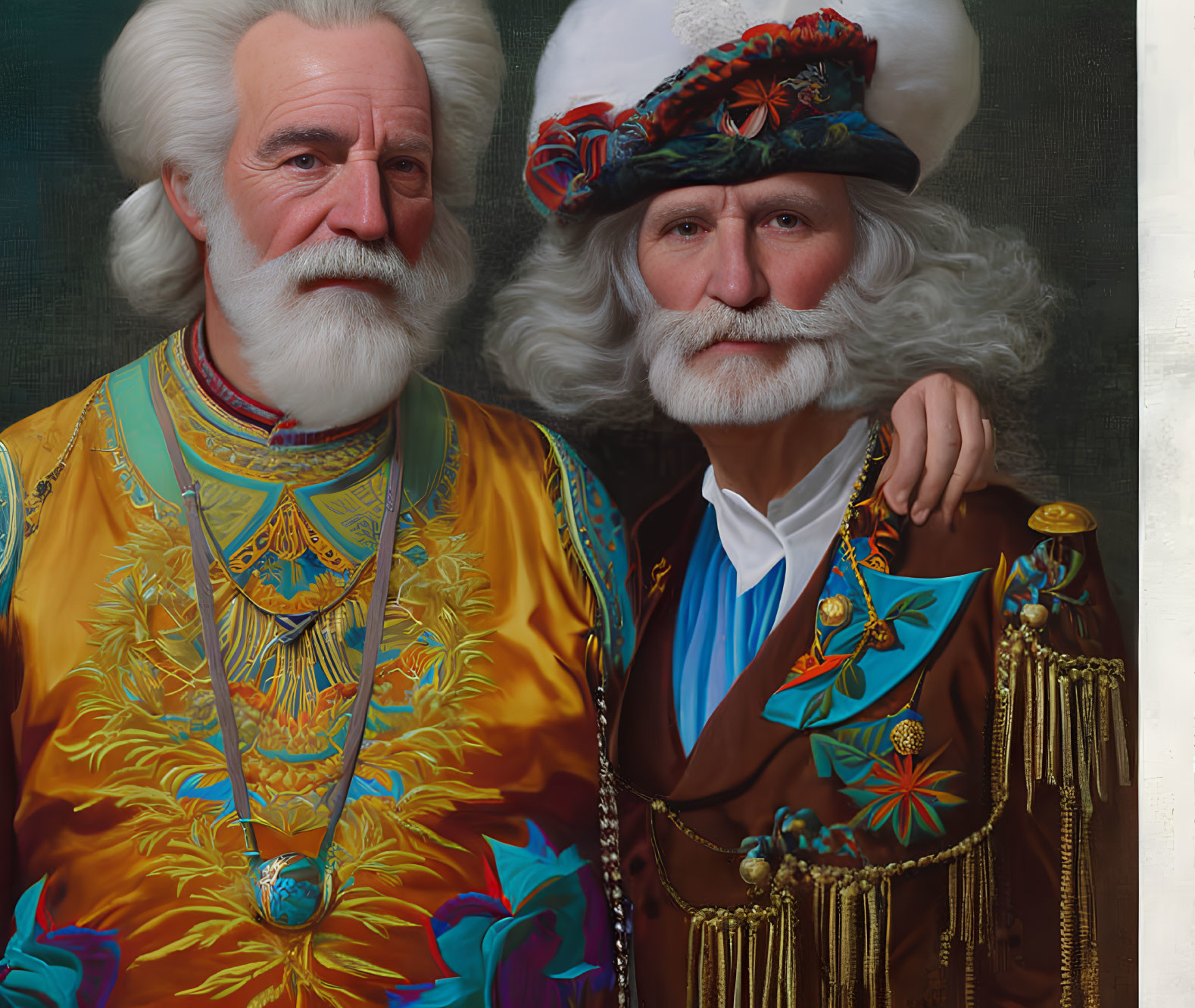 Elderly gentlemen in colorful historical garb with vibrant hat