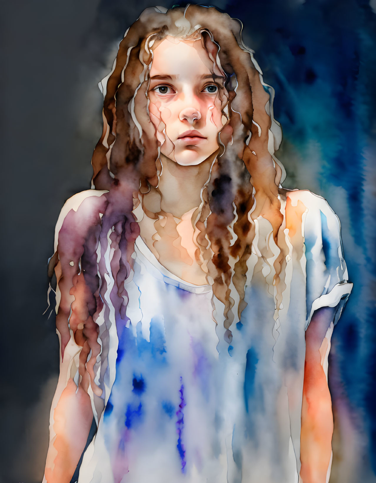 Young woman with curly hair in watercolor illustration