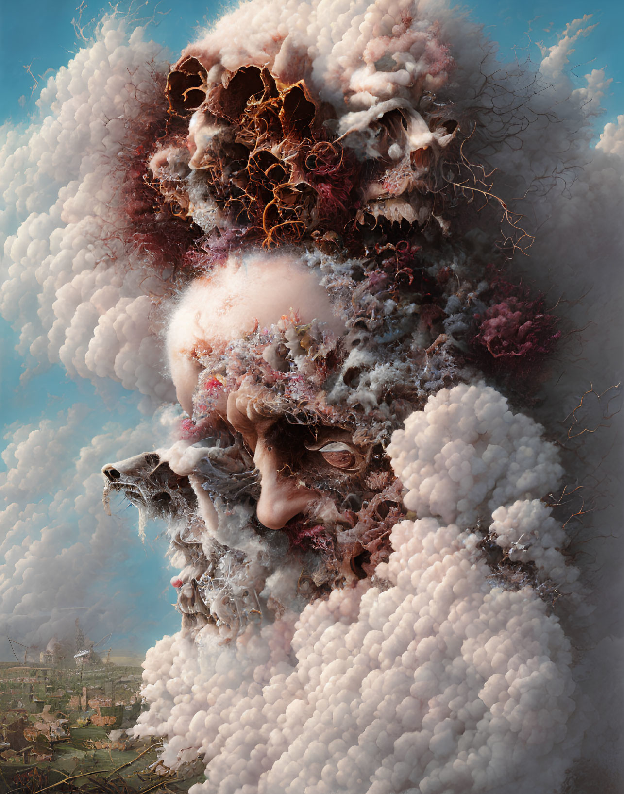 Surreal portrait with clouds, ornate structures, and floral elements