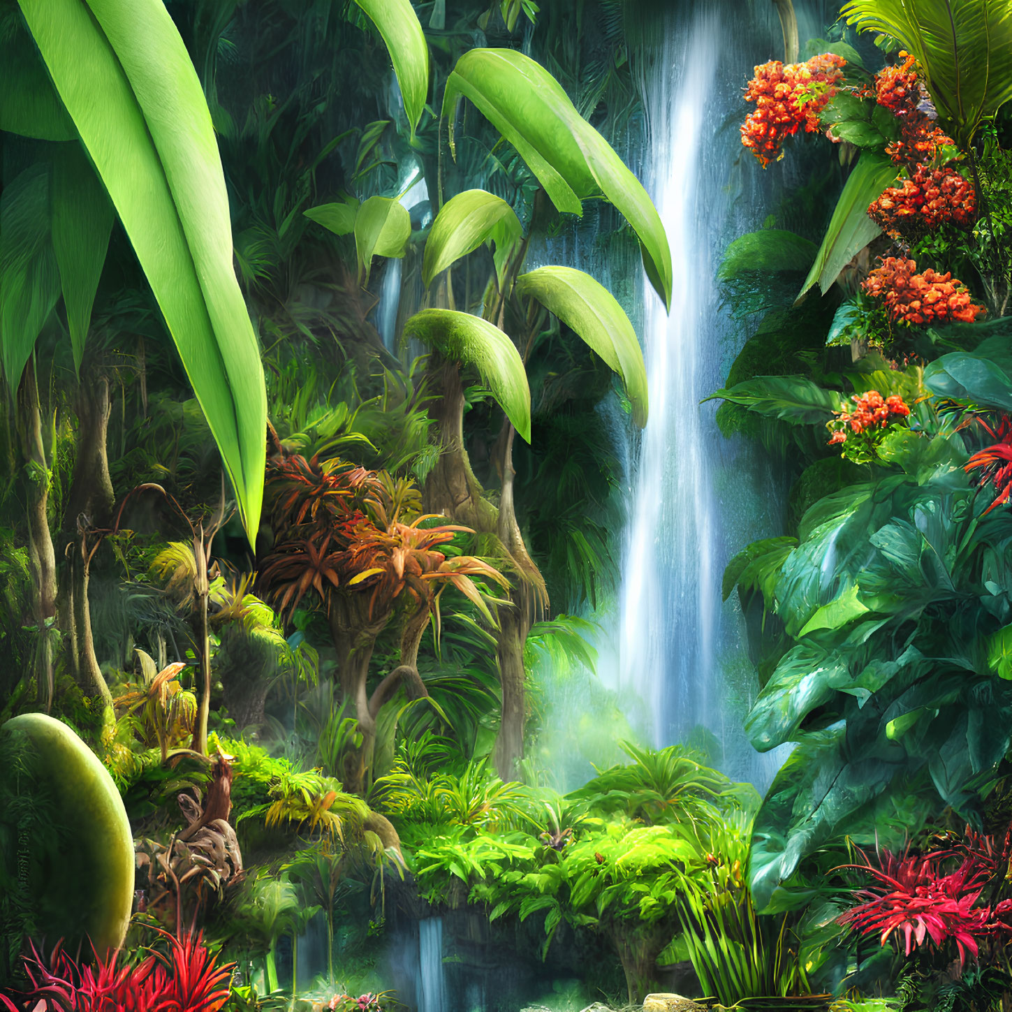 Tropical jungle scene with vibrant waterfall and lush green foliage