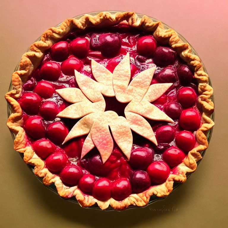 Colorful Cherry Pie with Lattice Crust & Pastry Leaf Design