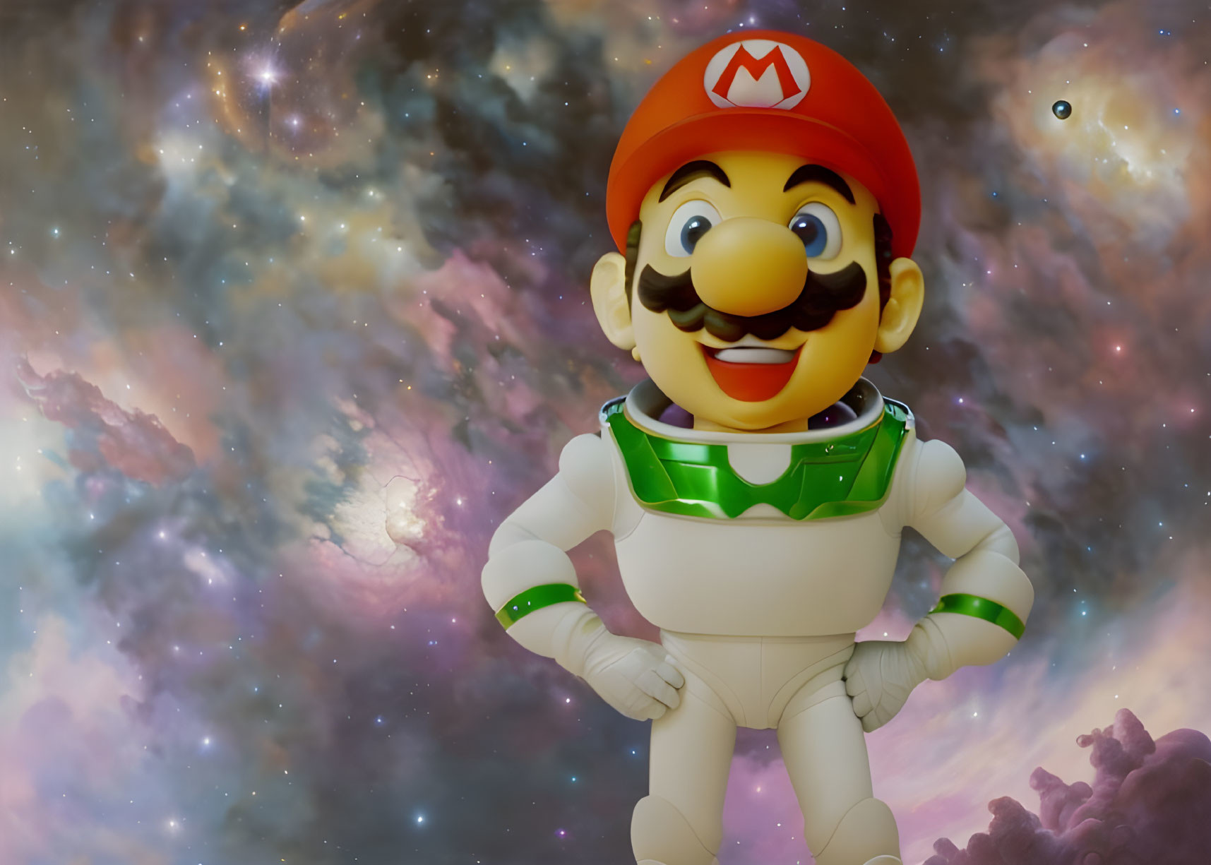 Super Mario 3D illustration in spacesuit with cosmic nebula background