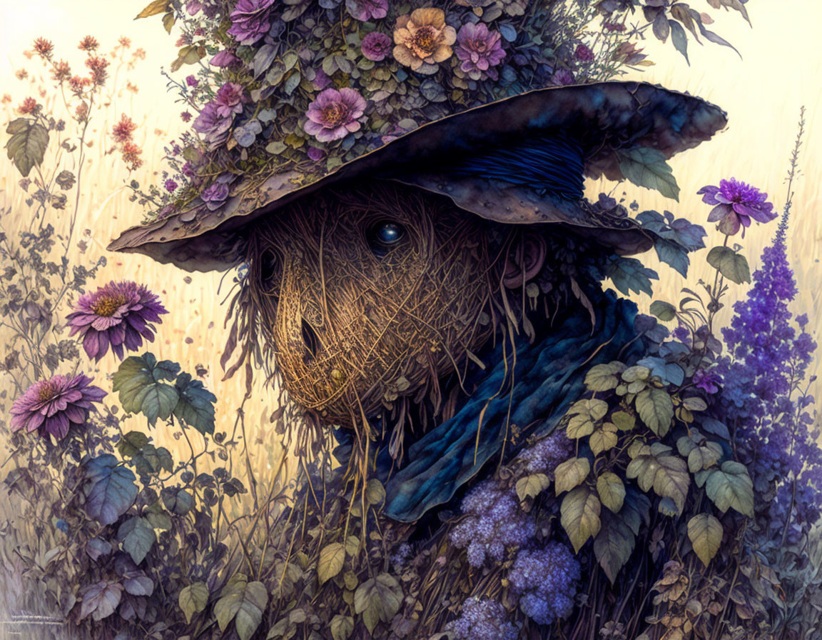 Detailed mystical figure made of straw and plants with floral hat in lush flora