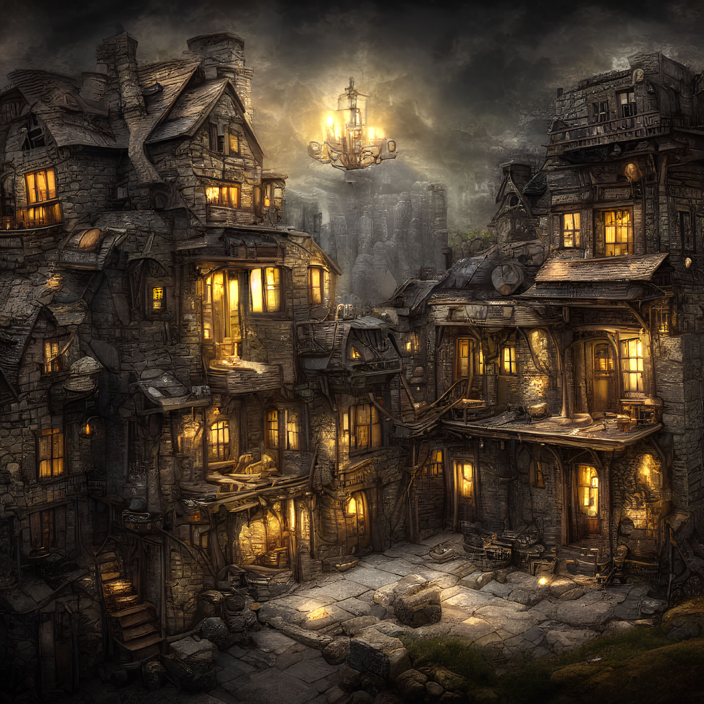 Medieval fantasy village with stone houses, glowing windows, wooden balconies, cobbled streets, mountain