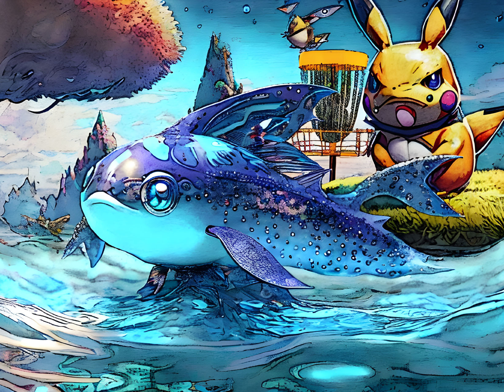 Colorful underwater scene with blue fish and yellow character