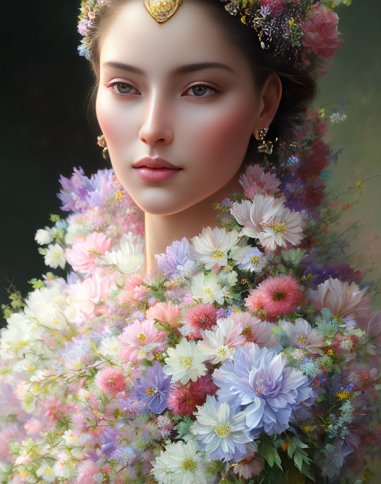 Woman in Serene Expression with Vibrant Floral Arrangement and Elegant Headpiece