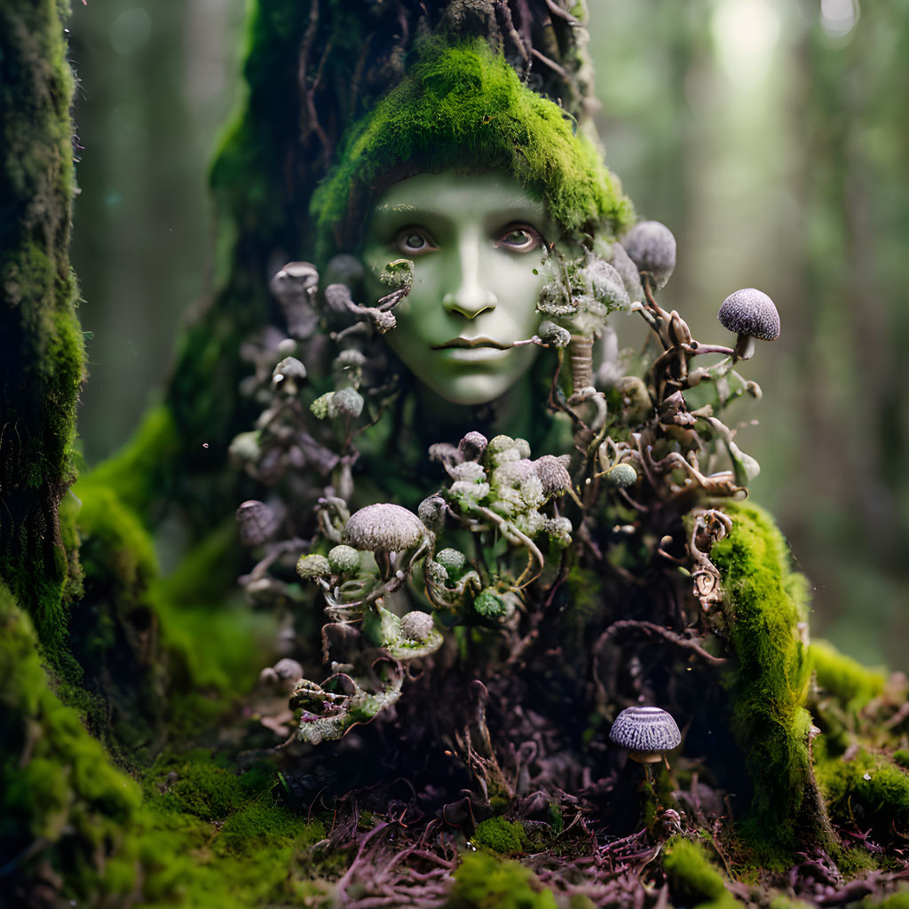 Surreal portrait blending human face with mossy forest environment