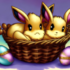 Animated Yellow Rabbits in Wicker Basket with Easter Eggs