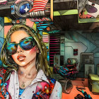 Fashionable woman in sunglasses amid vibrant futuristic graffiti setting