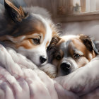 Fluffy dogs cuddling on soft blanket with stuffed toys.