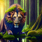 Vibrant lion illustration by woodland waterhole