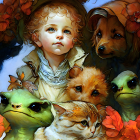 Child with angelic features surrounded by affectionate animals and flowers