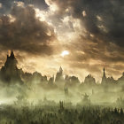 Misty fields with towering spires under dramatic sky