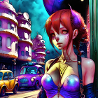 Red-haired female with freckles in purple top, cityscape with vintage cars and colorful buildings.