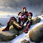 Iconic red and gold Iron Man illustration on snowy rocky terrain