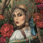 Detailed illustration of woman with ornate headdress, surrounded by flowers and butterfly