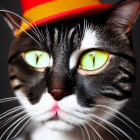 Close-Up of Cat with Striking Yellow Eyes and Red-Orange Top Hat