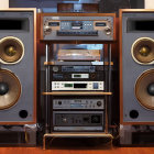 Vintage-style high-tech audio system with dials, screens, speakers, and colorful sound levels.