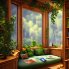 Sunlit room with large windows, houseplants, wooden bench, and draped curtains.