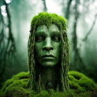 Green forest deity with intricate patterns and glowing eyes in foggy woodland