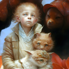 Child with Blonde Hair Holding Cats Beside Dog and Flowers