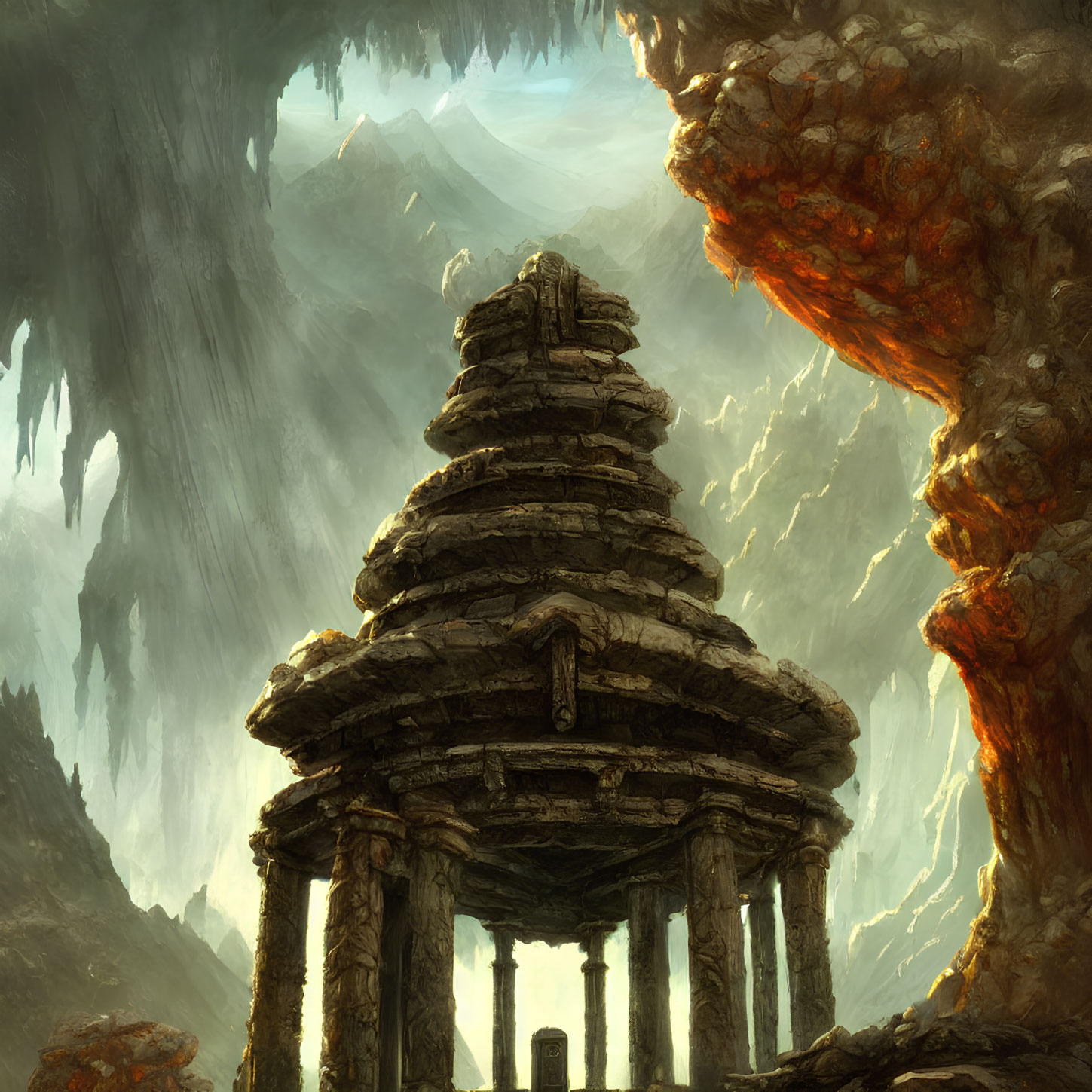 Stone temple in dramatic landscape with mountains, lava, and foreboding sky.