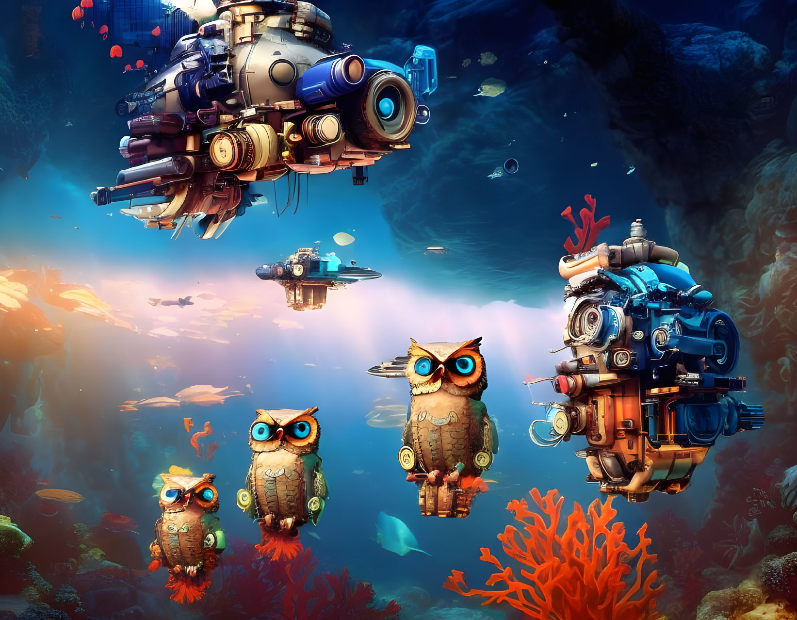 Colorful Underwater Scene with Robotic Owls and Submarines Amid Coral Reefs