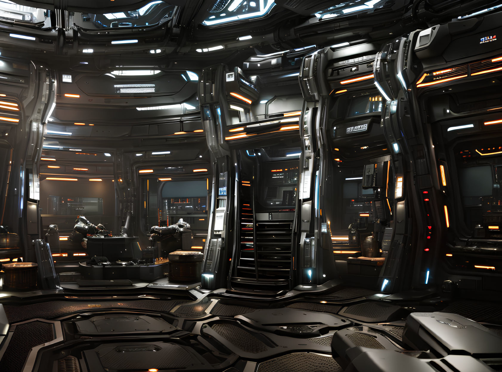 Futuristic spaceship interior with metallic surfaces, blue lights, complex panels, and central control area.