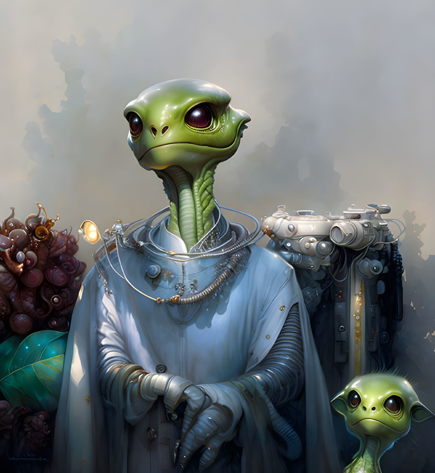 Detailed illustration of green alien creatures in silver robes