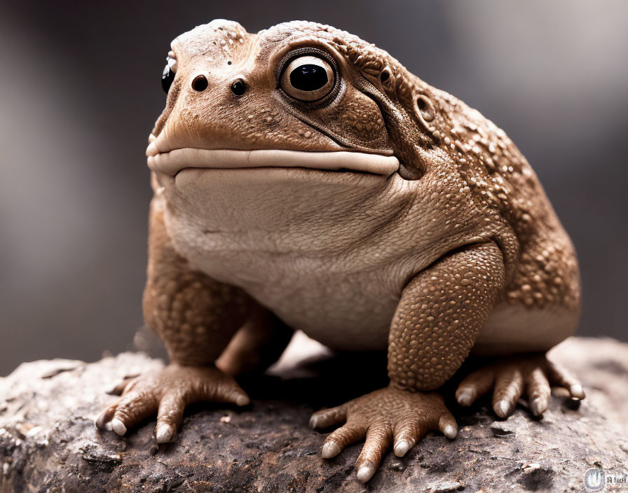 Brown toad on rocky surface with soft-focus background