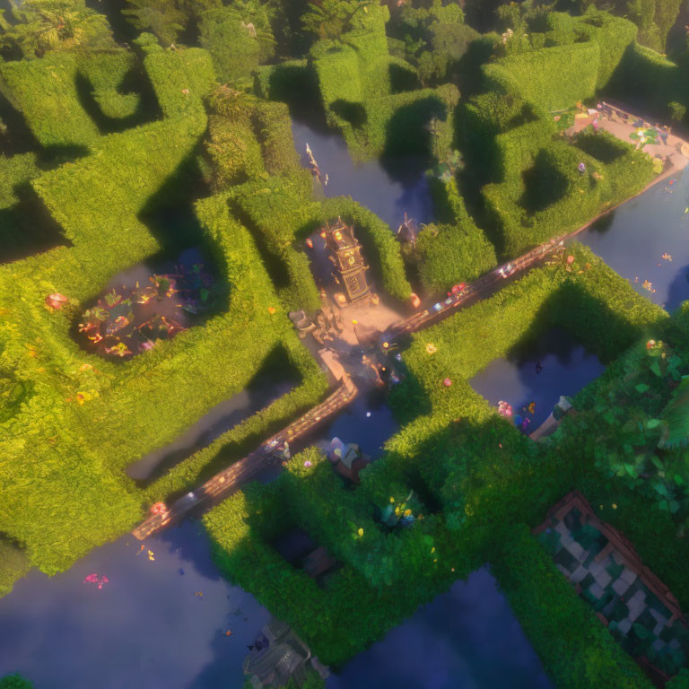 Lush Green Hedge Maze with Pathways and Explorers