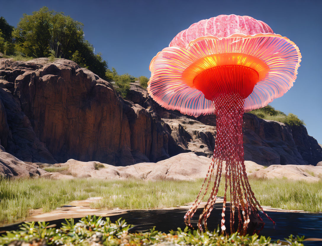 Vividly colored giant mushroom near lake with tendrils