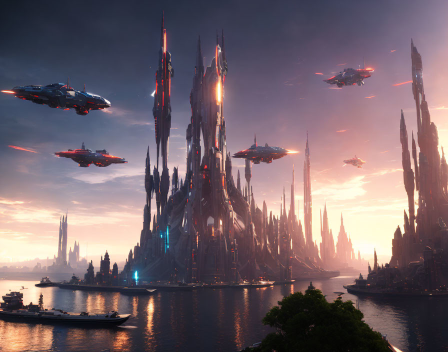 Futuristic cityscape with towering spires and flying vehicles at dusk