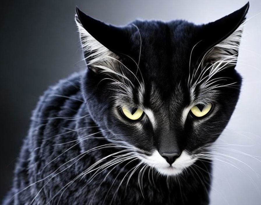 Black Cat with Yellow Eyes and White Whiskers on Gray Background