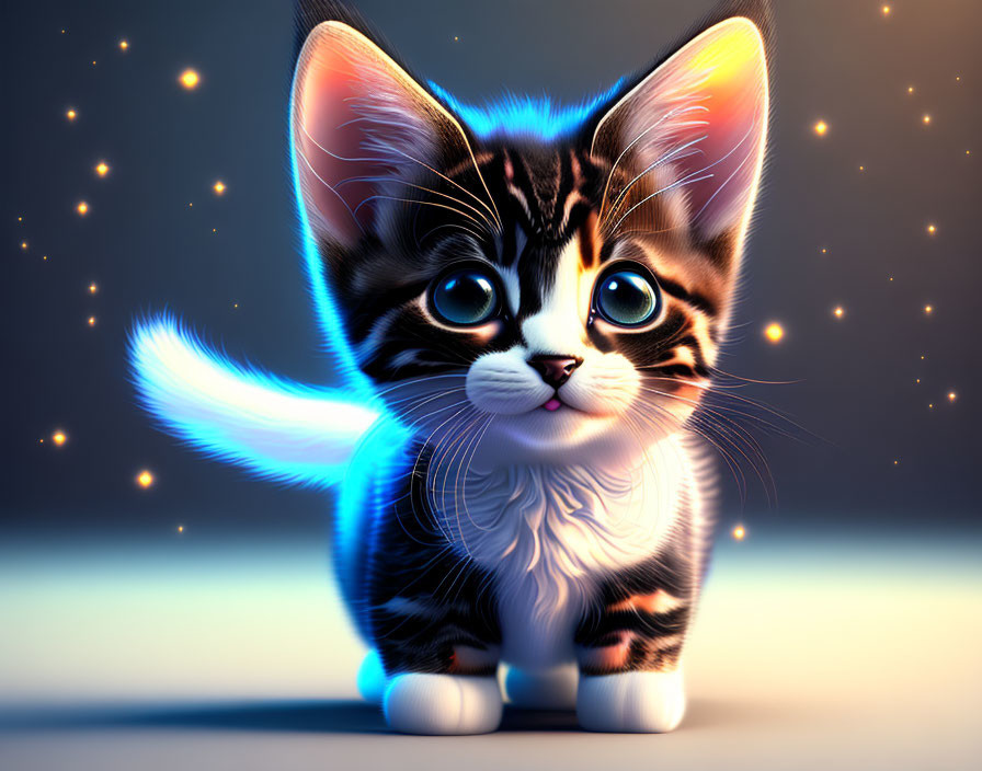 Adorable kitten with blue eyes and glowing tail on dark background