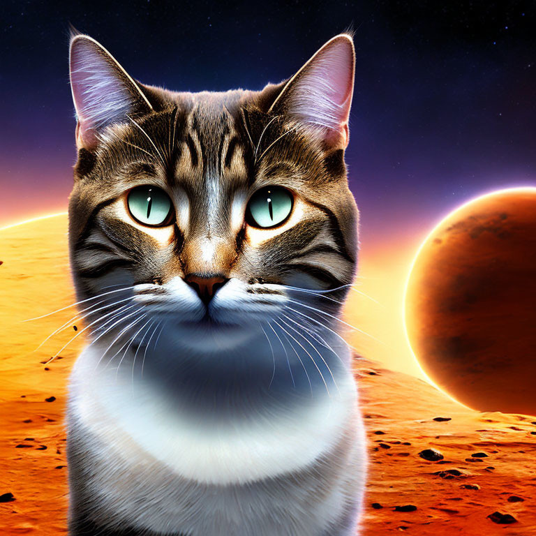 Digital Artwork: Cat with Green Eyes on Cosmic Background