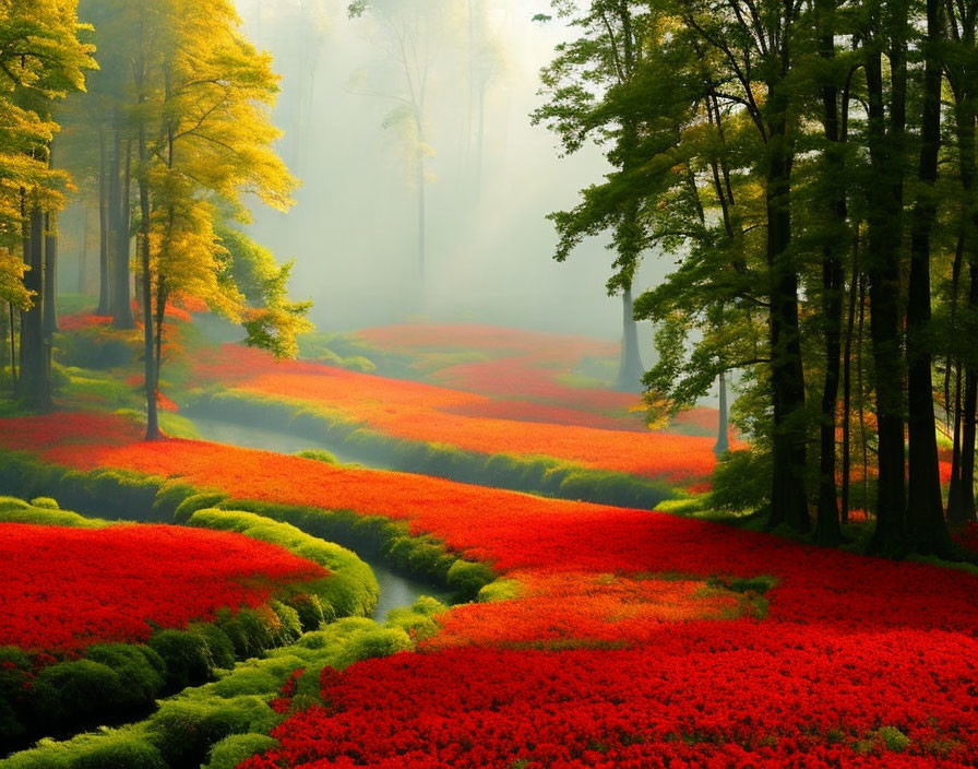 Lush forest scene with red flowers and misty backdrop