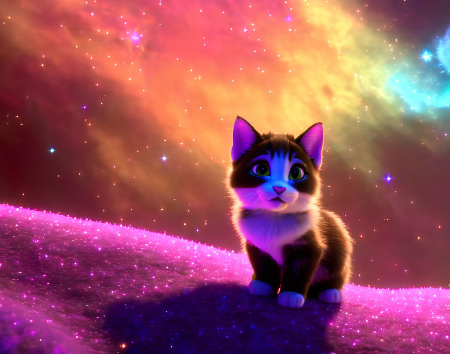 Colorful animated cat on glittering purple ground with vibrant nebula background