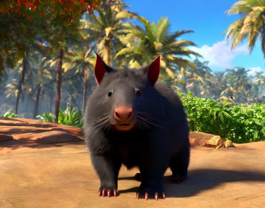 Friendly Black Rat in Tropical Setting with Palm Trees