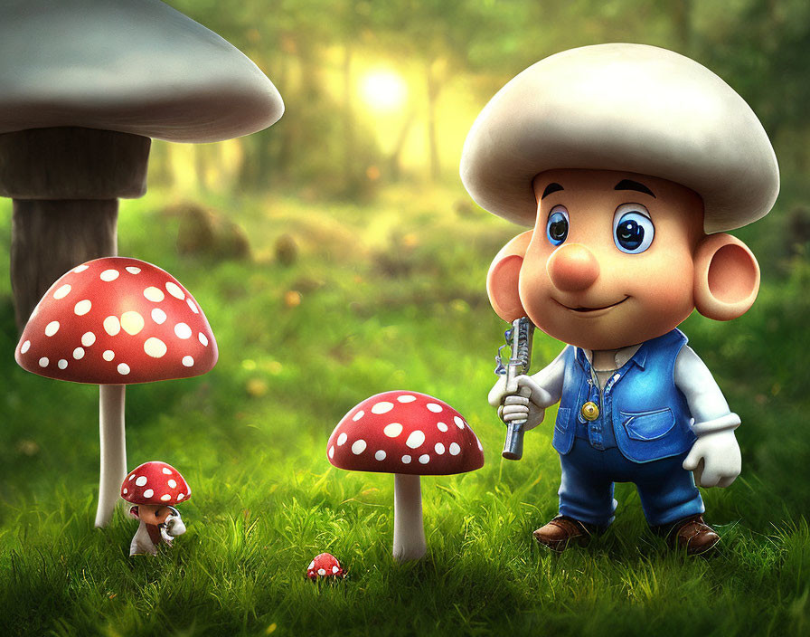 Plumber-like animated character in enchanted forest with oversized mushrooms