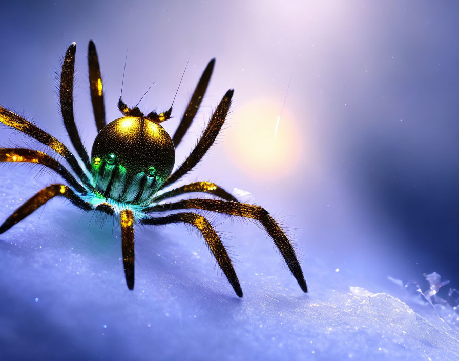 Detailed metallic spider with green eyes on frosty surface under soft light