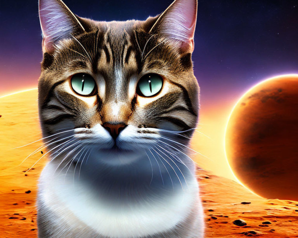 Digital Artwork: Cat with Green Eyes on Cosmic Background