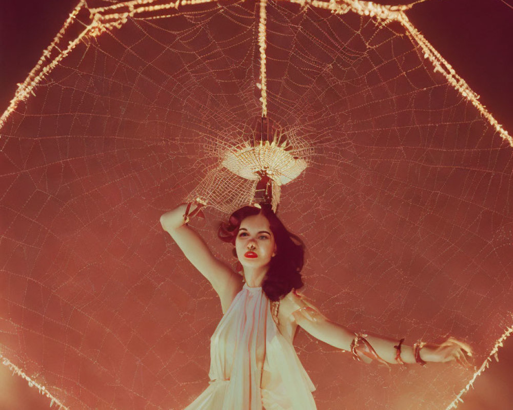 Woman in white draped outfit under spiderweb chandelier exudes mystery