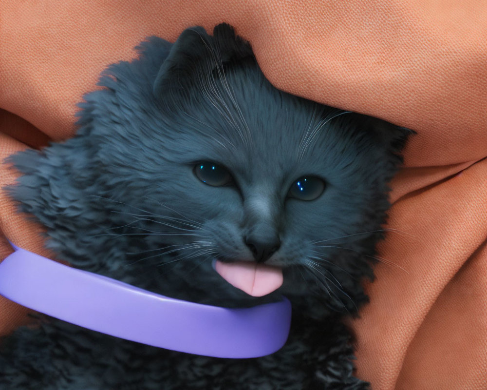 Fluffy Gray Cat with Blue Eyes in Orange Blanket and Purple Collar