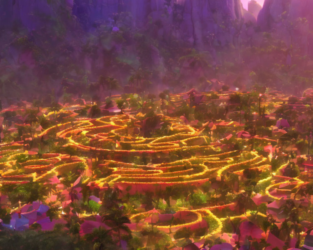 Spiraling village in purple landscape at sunset or sunrise