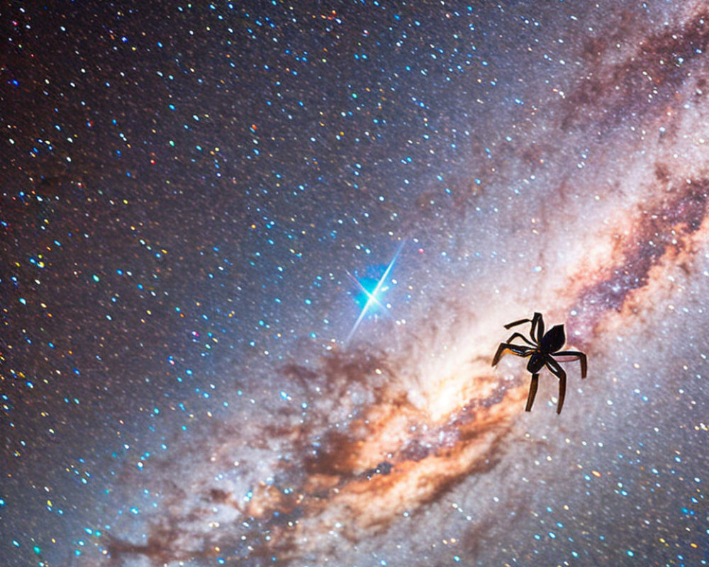 Silhouetted spider against vibrant night sky with stars and Milky Way.