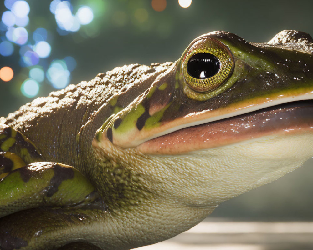 Green and Brown Frog with Glistening Skin and Large Eyes on Bokeh Background