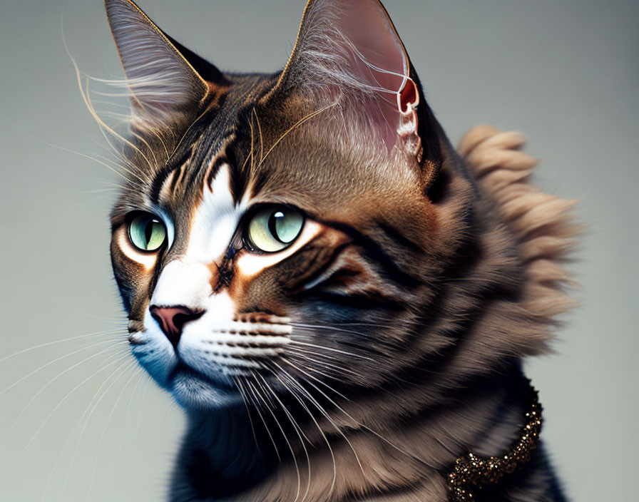 Digital artwork: Cat with human-like eyes and features, wearing a necklace