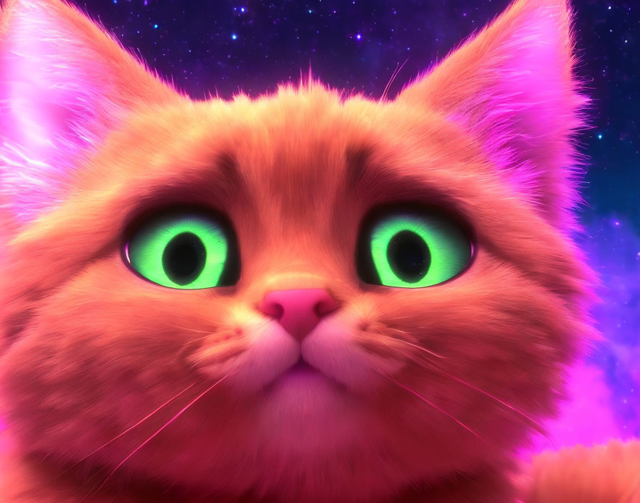 Vibrant orange cat with green eyes on purple starry background