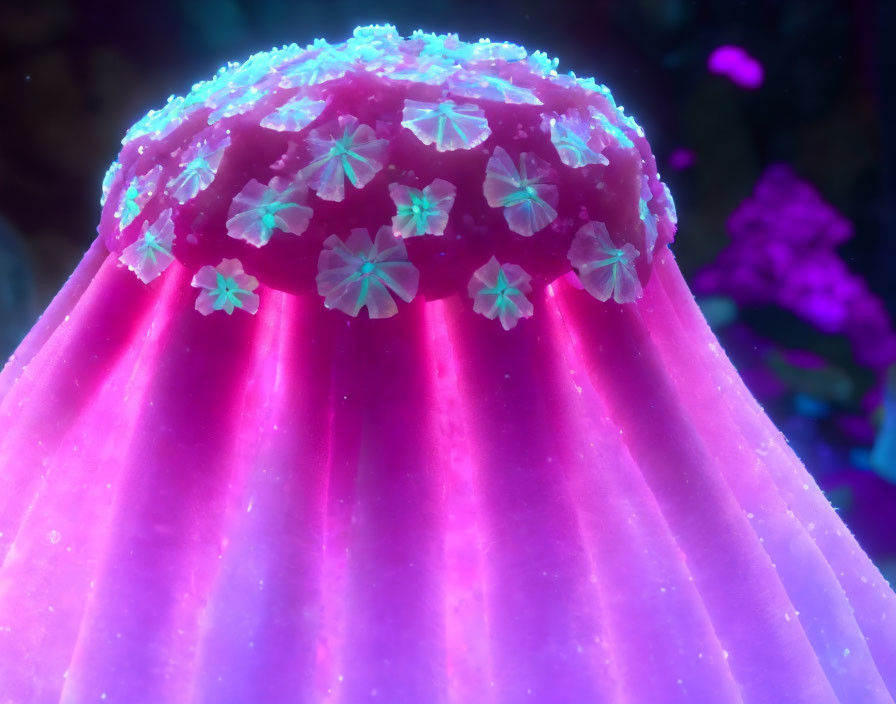 Translucent pink jellyfish in blue and purple underwater scene